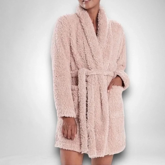 Natori Plush Lounge Cardigan Robe Fuzzy Teddy Sherpa in Rose Size Large / XL - Picture 1 of 4